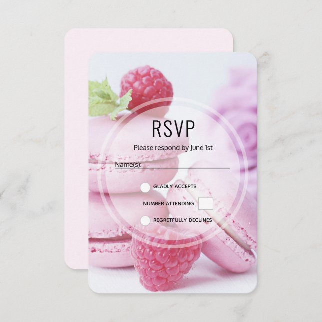 Pink Raspberry Macarons French Pastry Photo RSVP Card (Front/Back)