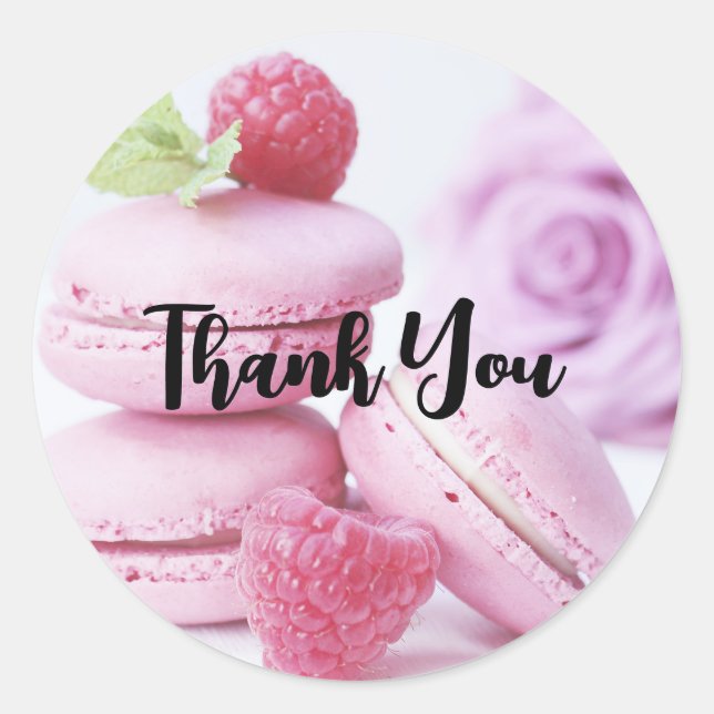 Pink Raspberry Macarons French Pastry Thank You Classic Round Sticker (Front)