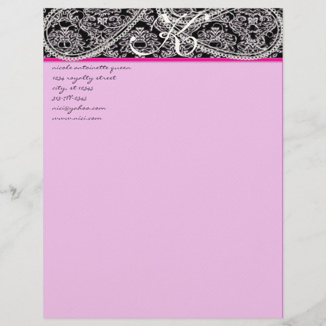 Pink Raspberry Monogram Letterhead Black Paisley (Front)