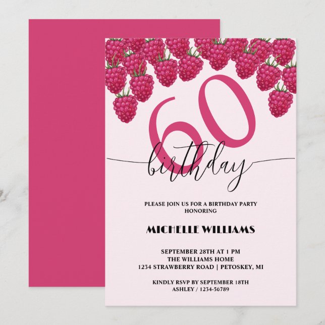 Pink Raspberry Watercolor Art Calligraphy Birthday Invitation (Front/Back)