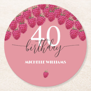Pink Raspberry Watercolor Art Calligraphy Birthday Round Paper Coaster