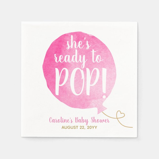 Pink Ready to Pop Balloon Baby Girl Shower Napkin (Front)
