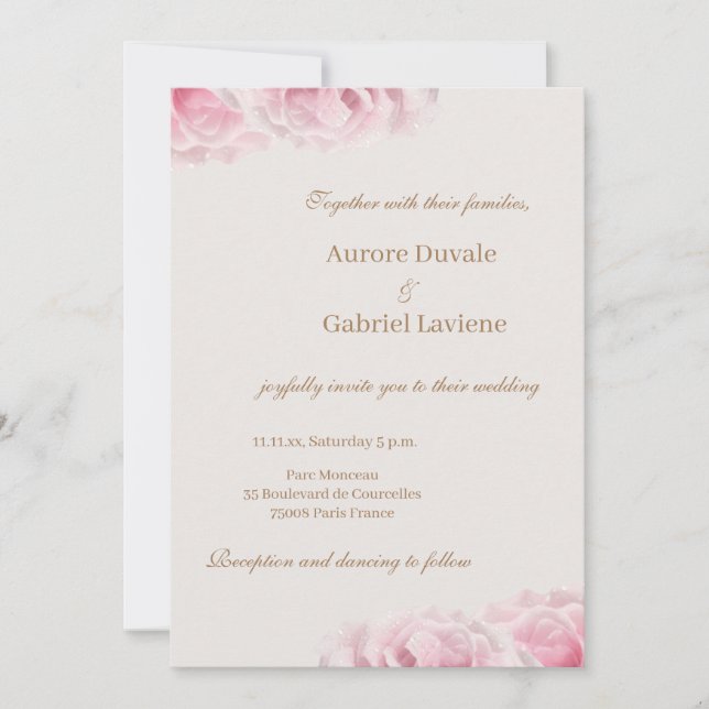 Pink Real Roses Flowers Ivory Gold Floral Wedding Invitation (Front)