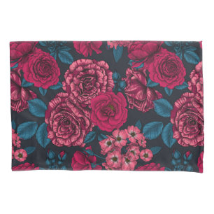 Pink, red and bi-color roses with blue leaves on b pillowcase