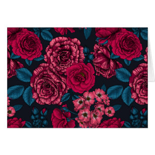 Pink, red and bi-colour roses with blue leaves on