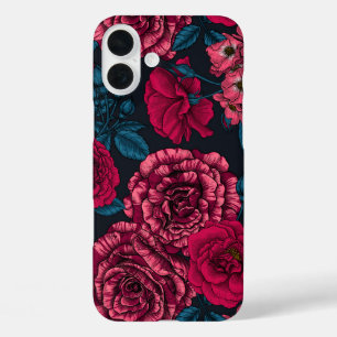 Pink, red and bi-colour roses with blue leaves on  iPhone 16 plus case