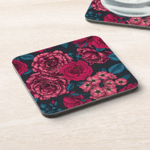 Pink, red and bi-colour roses with blue leaves on coaster