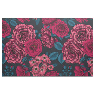 Pink, red and bi-colour roses with blue leaves on fabric