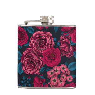 Pink, red and bi-colour roses with blue leaves on hip flask