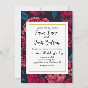 Pink, red and bi-colour roses with blue leaves on invitation