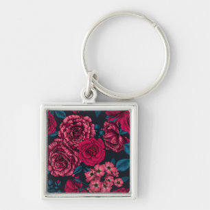 Pink, red and bi-colour roses with blue leaves on key ring