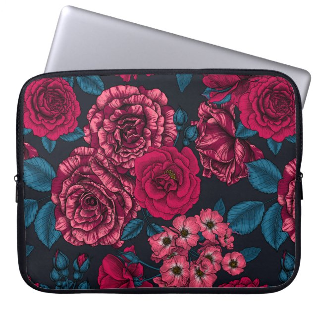 Pink, red and bi-colour roses with blue leaves on  laptop sleeve (Front)