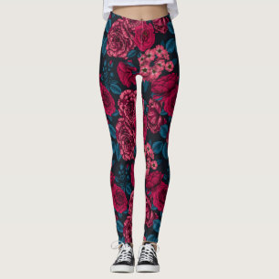 Pink, red and bi-colour roses with blue leaves on  leggings