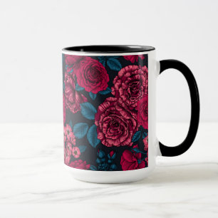 Pink, red and bi-colour roses with blue leaves on mug