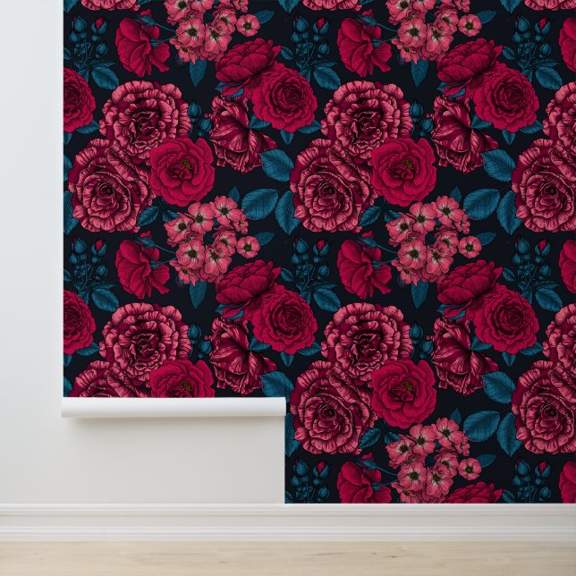 Pink, red and bi-colour roses with blue leaves on  wallpaper (Application)