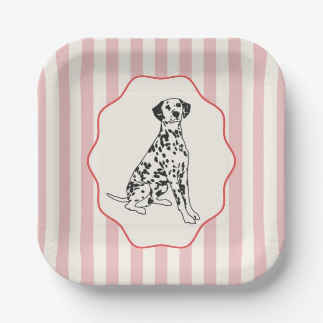 Pink, Red and Black Dog and Stripes Paper Plate (Front)