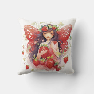 Pink Red and Green Strawberry Fairy Throw Pillow