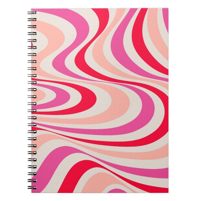 Pink, red and grey abstract retro swirl design notebook (Front)