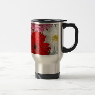 Pink, red and white gerber flowers travel mug