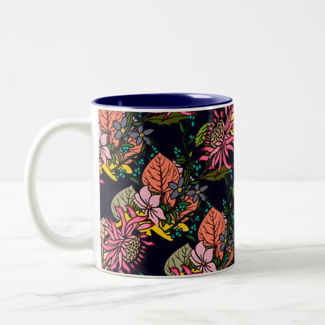 Pink red and yellow aster flower chalkboard Two-Tone coffee mug (Left)