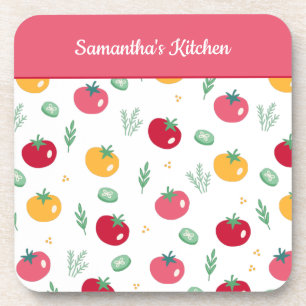 Pink Red and Yellow Tomato Pattern Kitchen Coaster