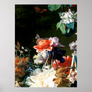PINK RED ANEMONES WHITE FLOWERS,BUTTERFLY IN BLACK POSTER