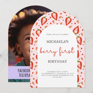 Pink Red Berry First Birthday Arch Photo Invitation