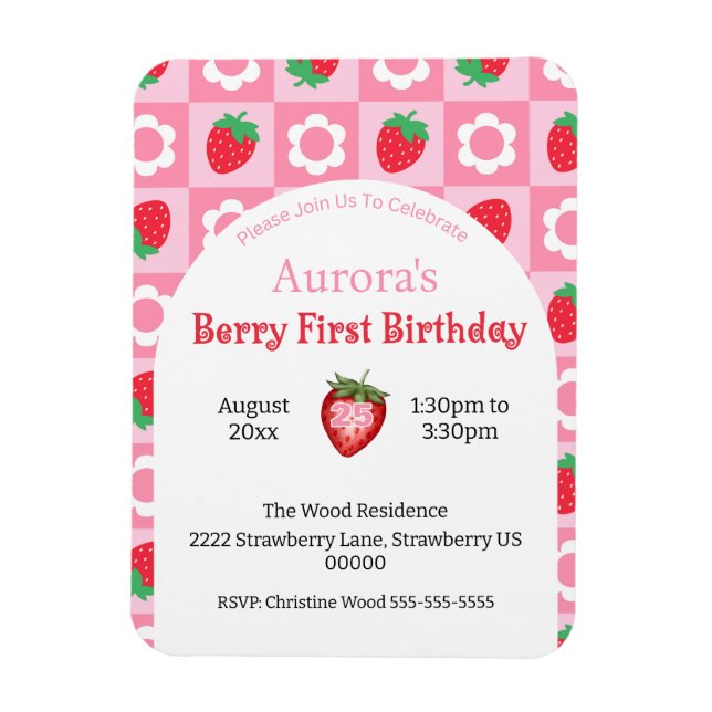 Pink & Red Berry First Birthday Party Invitation Magnet (Vertical)