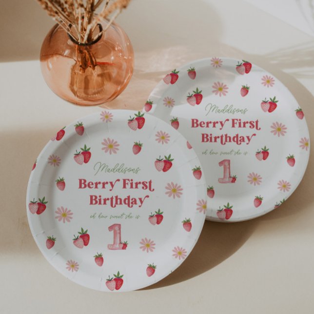 Pink & Red Berry First Strawberry Birthday  Paper Plate (Berry First Birthday Paper Plates)