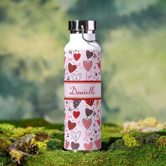 Pink, Red & Black Patterned Hearts, Stars, Dots Water Bottle (Outdoor)