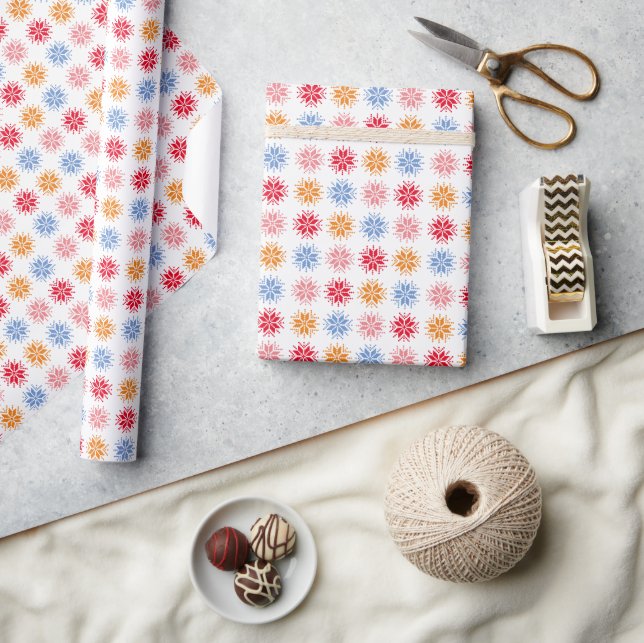 Pink Red Blue Orange Pixel Snowflake Pattern Wrapping Paper (Crafts)