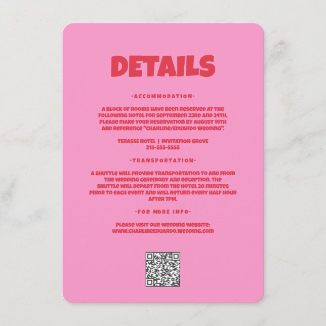 Pink Red Bold Funky Groovy Wedding Detail Enclosure Card (Front)