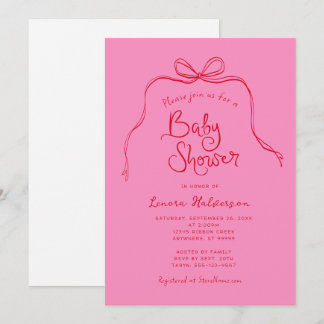 Pink Red Bold Simple Bow Baby Shower Invitation