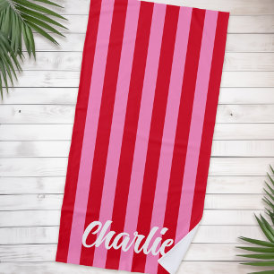 Pink red bold stripes custom retro name beach towel
