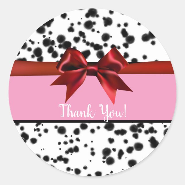 Pink Red Bow Black Dalmatian Spots Birthday Party Classic Round Sticker (Front)