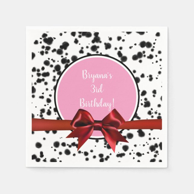 Pink Red Bow Black Dalmatian Spots Birthday Party Napkin (Front)