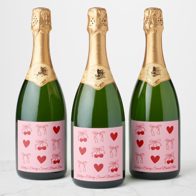 Pink Red Bow Cherry Sweet Bridal Shower Champagne Sparkling Wine Label (Bottles)