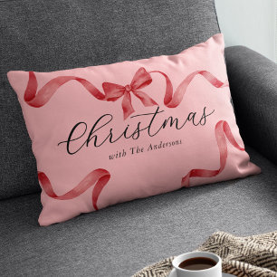 Pink Red Bow Family Christmas Lumbar Cushion
