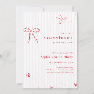 Pink Red Bow Heart Little Sweetheart 1st Birthday Invitation