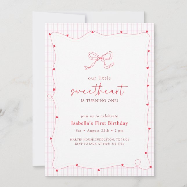 Pink Red Bow Little Sweetheart First Birthday Invitation (Front)