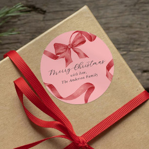 Pink Red Bow Merry Christmas Classic Round Sticker