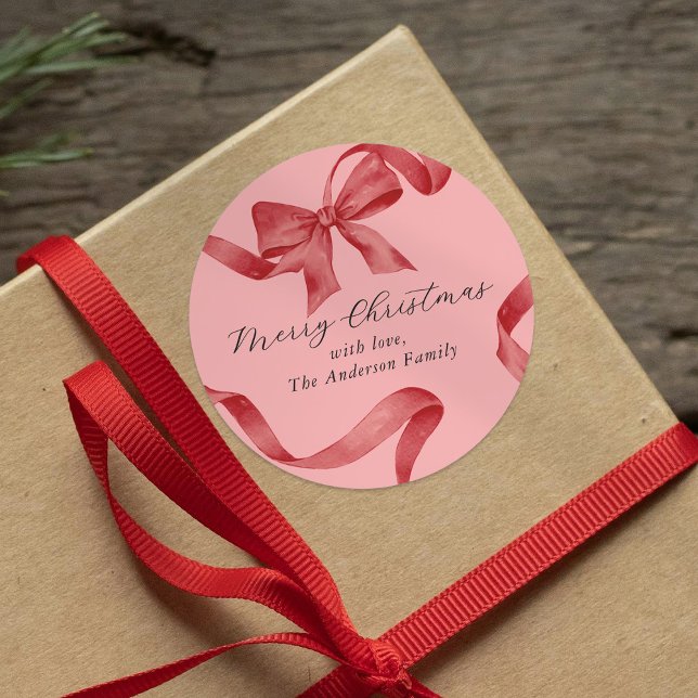 Pink Red Bow Merry Christmas Classic Round Sticker (Creator Uploaded)