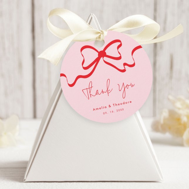 Pink Red Bow Modern Wedding Favour Tags (Creator Uploaded)