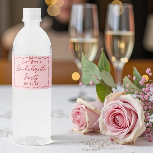 Pink & Red Bow Party Bachelorette Bride's Name Water Bottle Label (Creator Uploaded)
