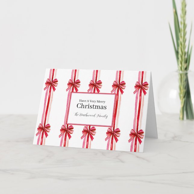 Pink Red Bows Christmas Holiday Card (Front)
