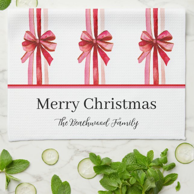 Pink Red Bows Christmas Tea Towel (Folded)