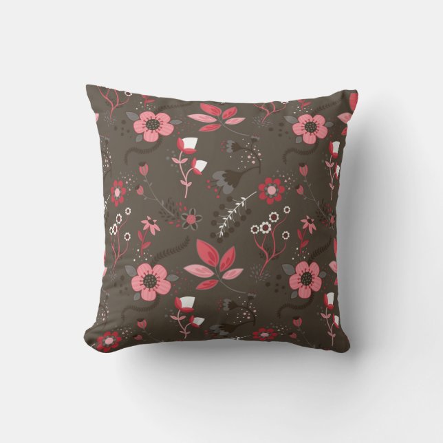 Pink Red Brown Floral Pattern Cushion (Front)