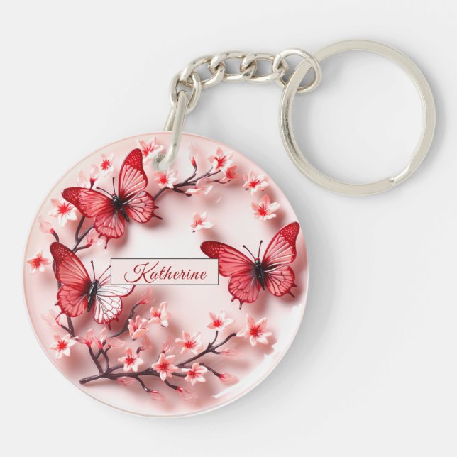 Pink Red Butterflies Cherry Blossoms Key Ring (Back)