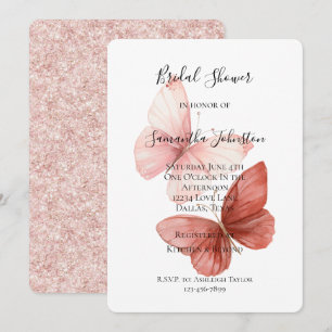 Pink Red Butterflies Glitter Bridal Shower Invitation