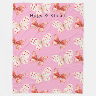 Pink Red Butterflies Hugs Kisses Fleece Blanket